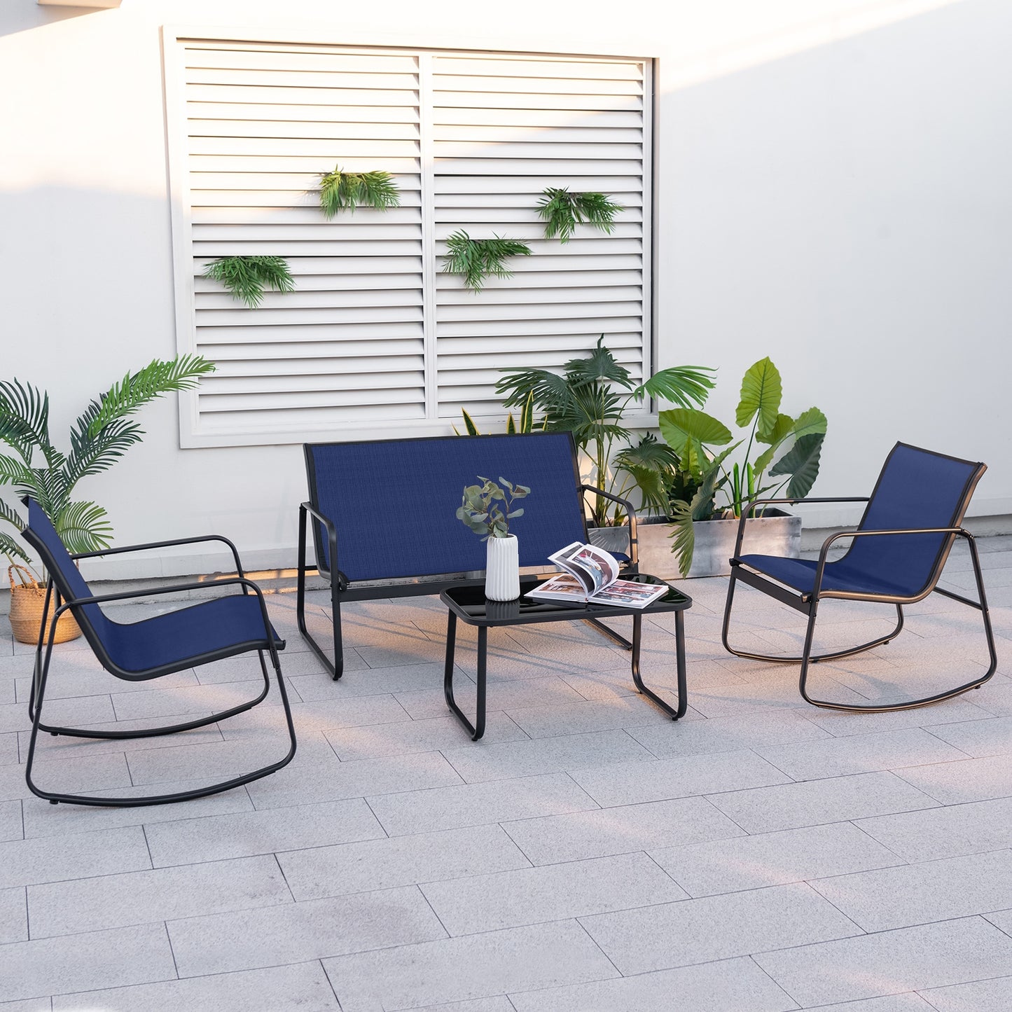 4 Piece Patio Rocking Set with Glass-Top Table, Navy Patio Conversation Sets at Gallery Canada