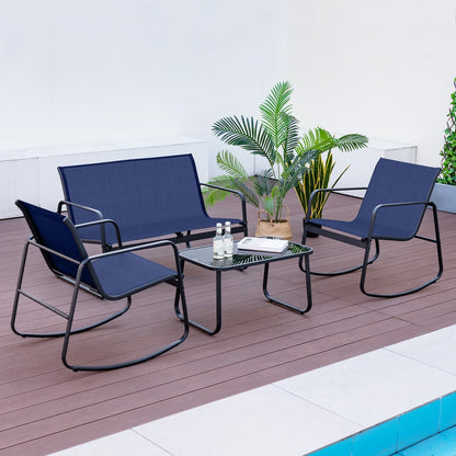 4 Piece Patio Rocking Set with Glass-Top Table, Navy Patio Conversation Sets at Gallery Canada