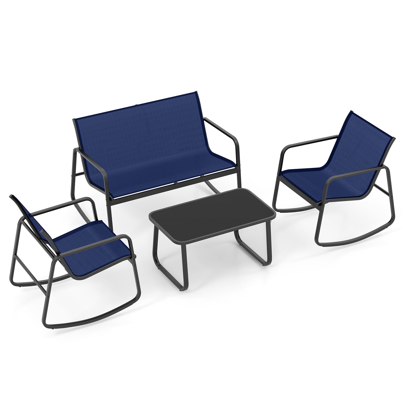 4 Piece Patio Rocking Set with Glass-Top Table, Navy Patio Conversation Sets Navy at Gallery Canada