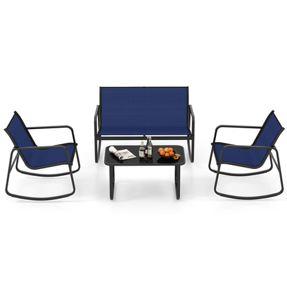 4 Piece Patio Rocking Set with Glass-Top Table, Navy Patio Conversation Sets at Gallery Canada