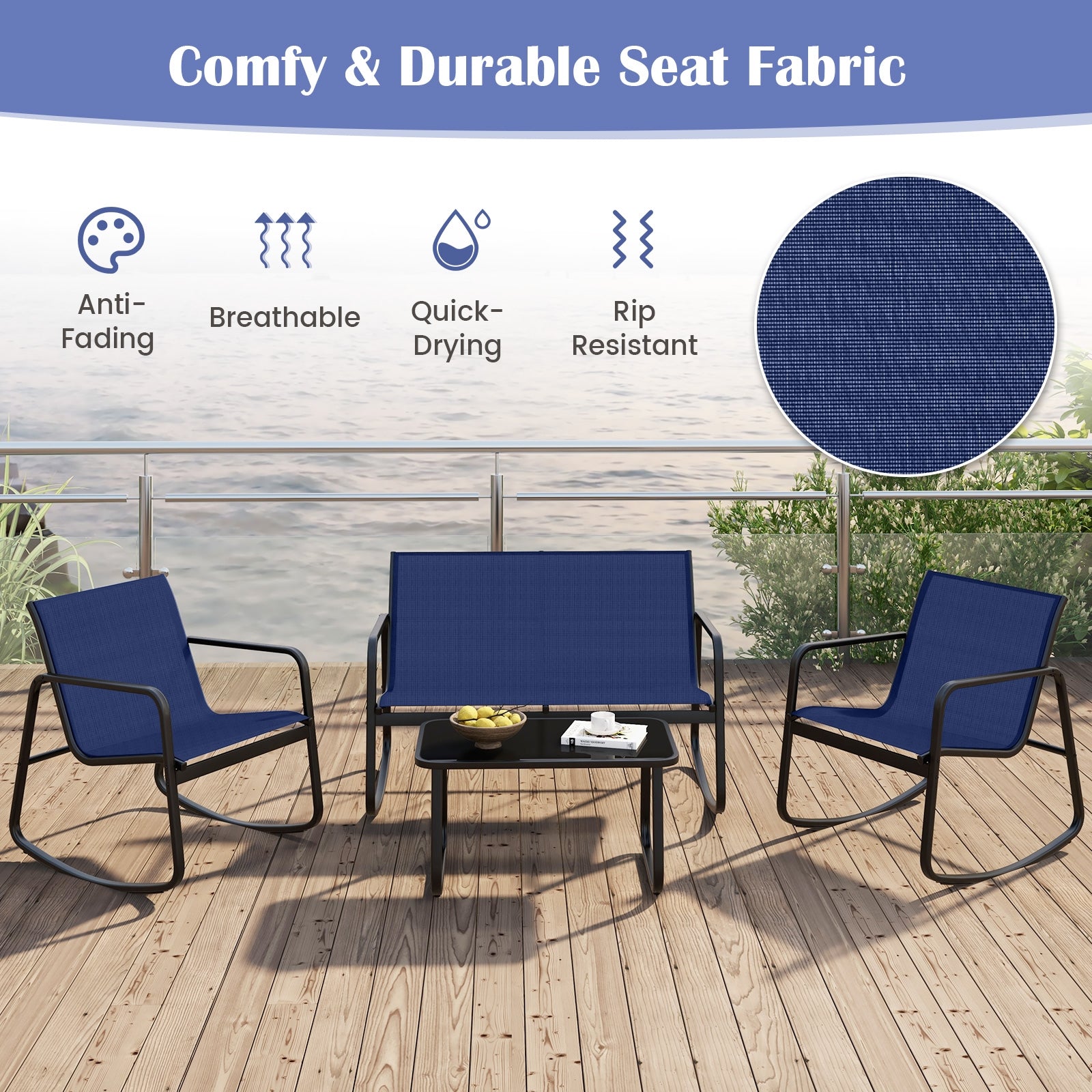 4 Piece Patio Rocking Set with Glass-Top Table, Navy Patio Conversation Sets at Gallery Canada