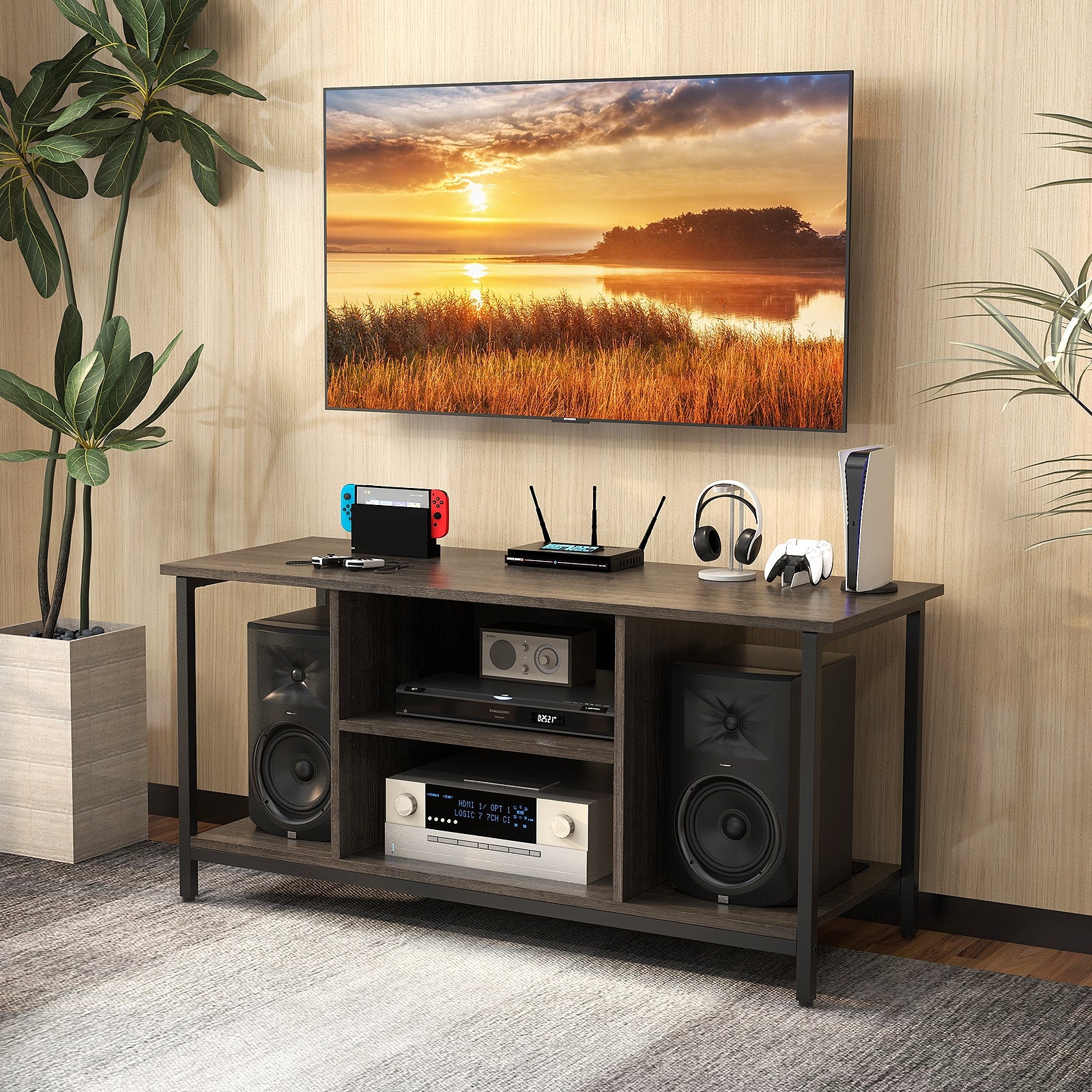 3-Tier TV Stand with Power Outlet USB and Adjustable Shelf, Gray Entertainment Centers & TV Stands at Gallery Canada