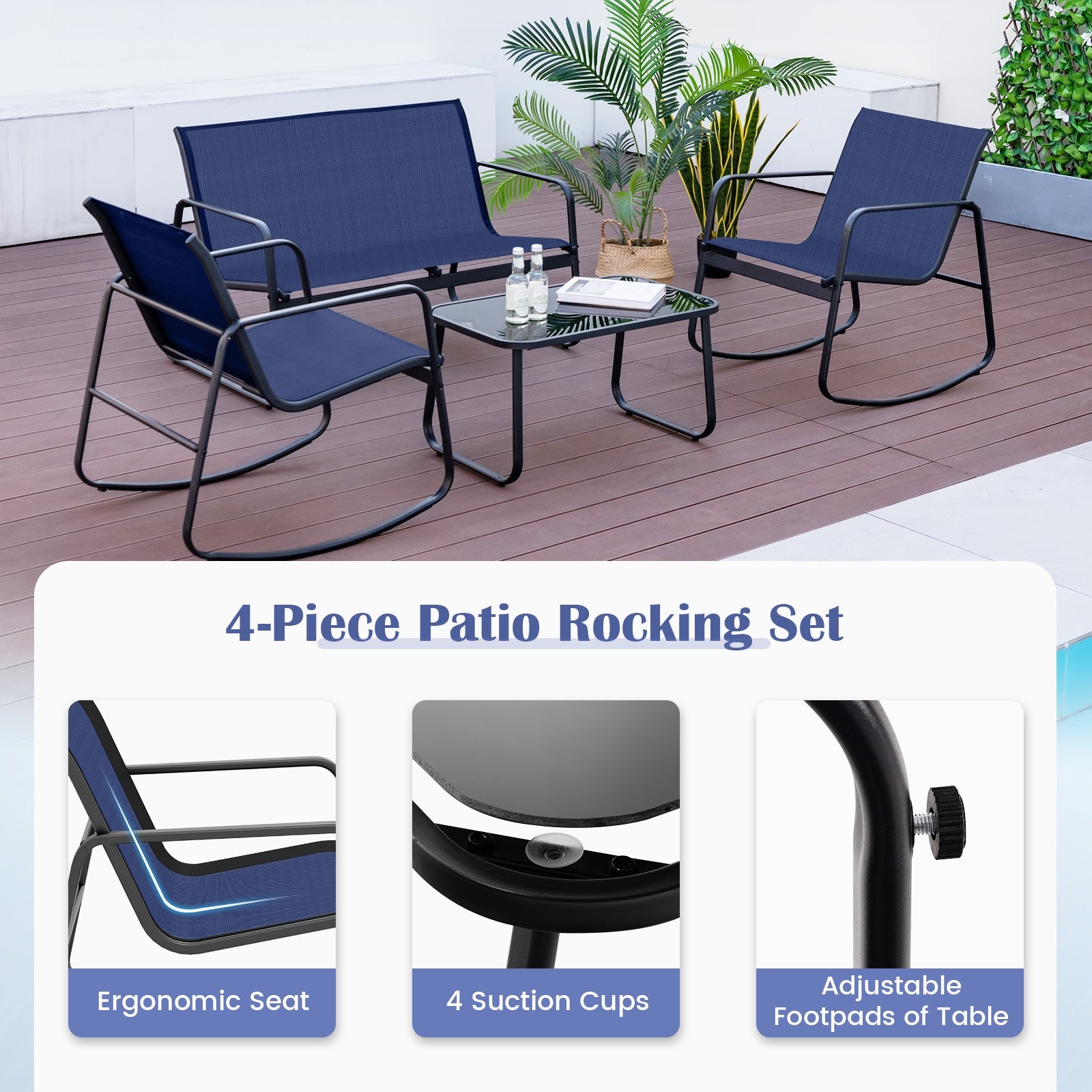 4 Piece Patio Rocking Set with Glass-Top Table, Navy Patio Conversation Sets at Gallery Canada