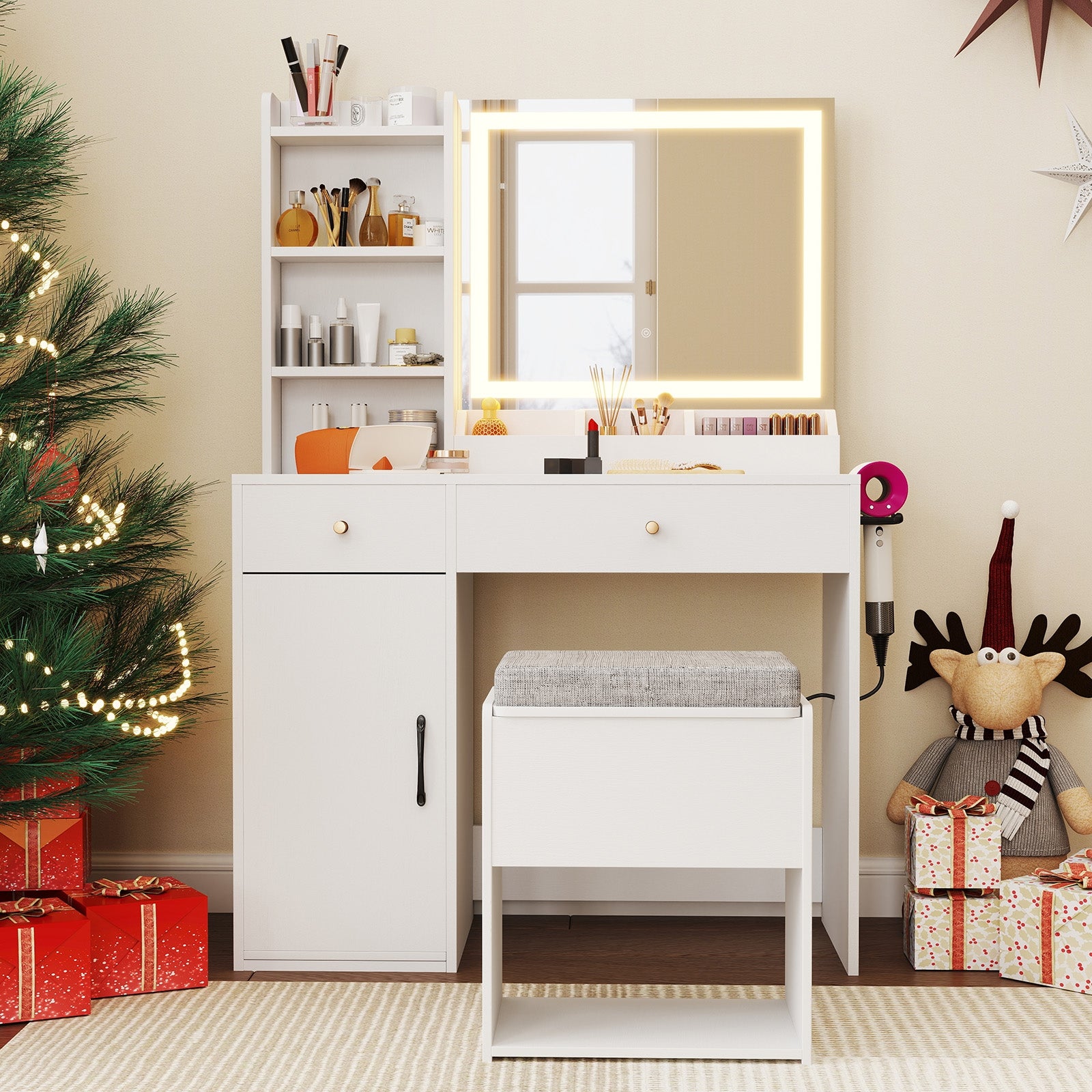 Vanity Dressing Table and Chair Set with Mirror and Lights, White Makeup Vanities at Gallery Canada