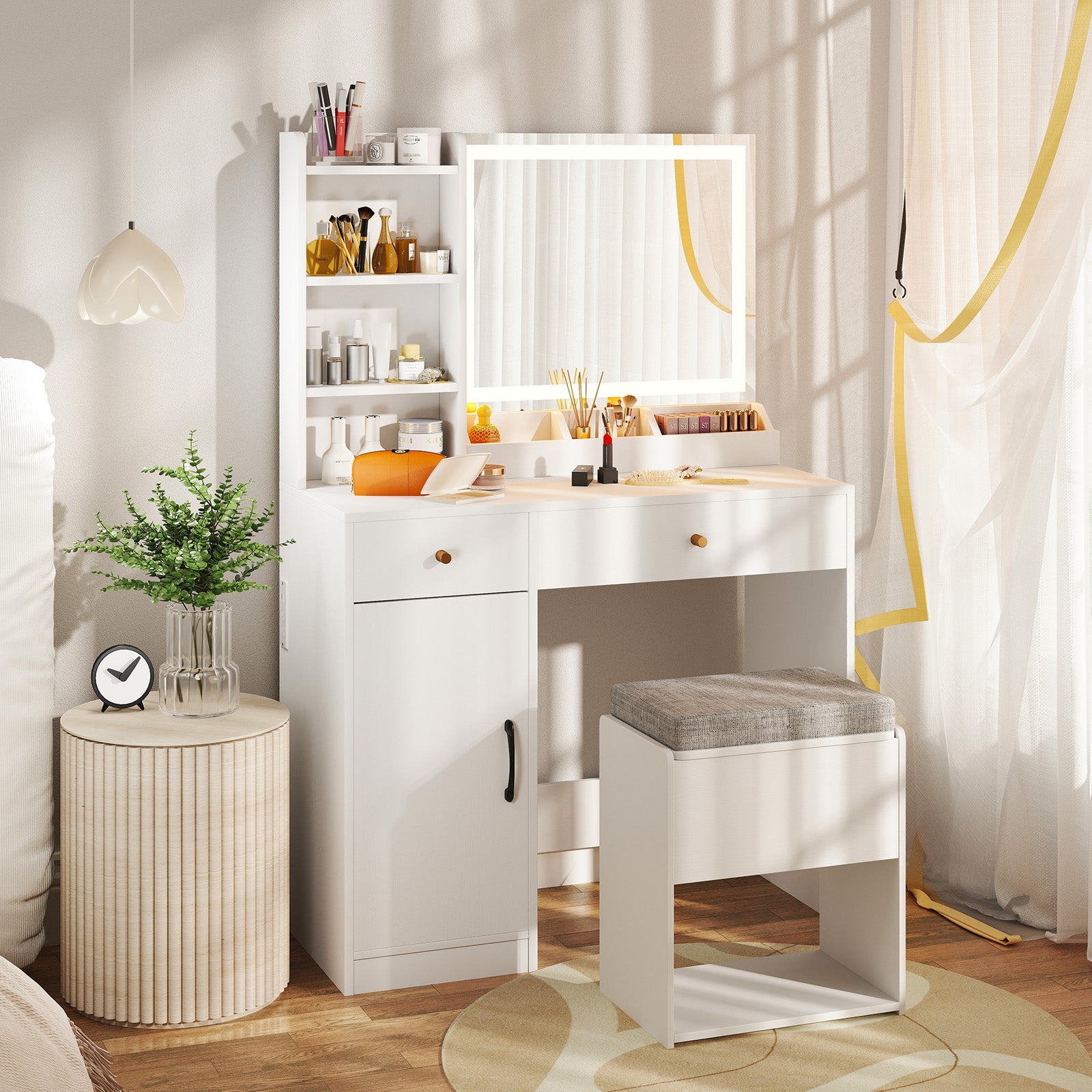 Vanity Dressing Table and Chair Set with Mirror and Lights, White Makeup Vanities at Gallery Canada