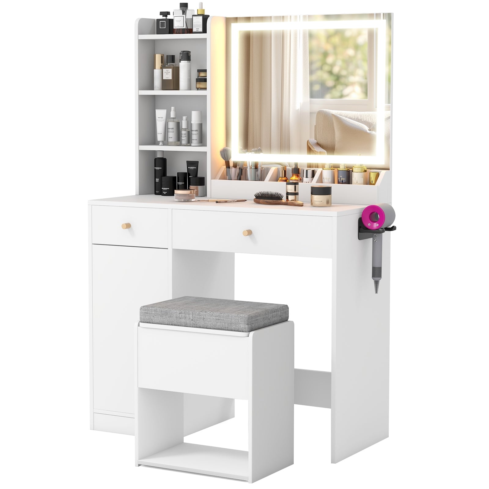 Vanity Dressing Table and Chair Set with Mirror and Lights, White Makeup Vanities White at Gallery Canada