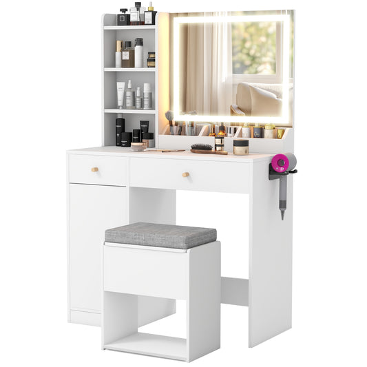 Vanity Dressing Table and Chair Set with Mirror and Lights, White Makeup Vanities White at Gallery Canada