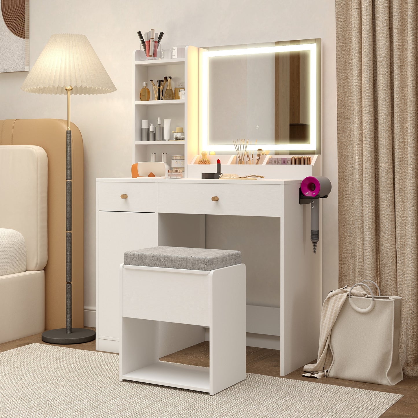 Vanity Dressing Table and Chair Set with Mirror and Lights, White Makeup Vanities at Gallery Canada