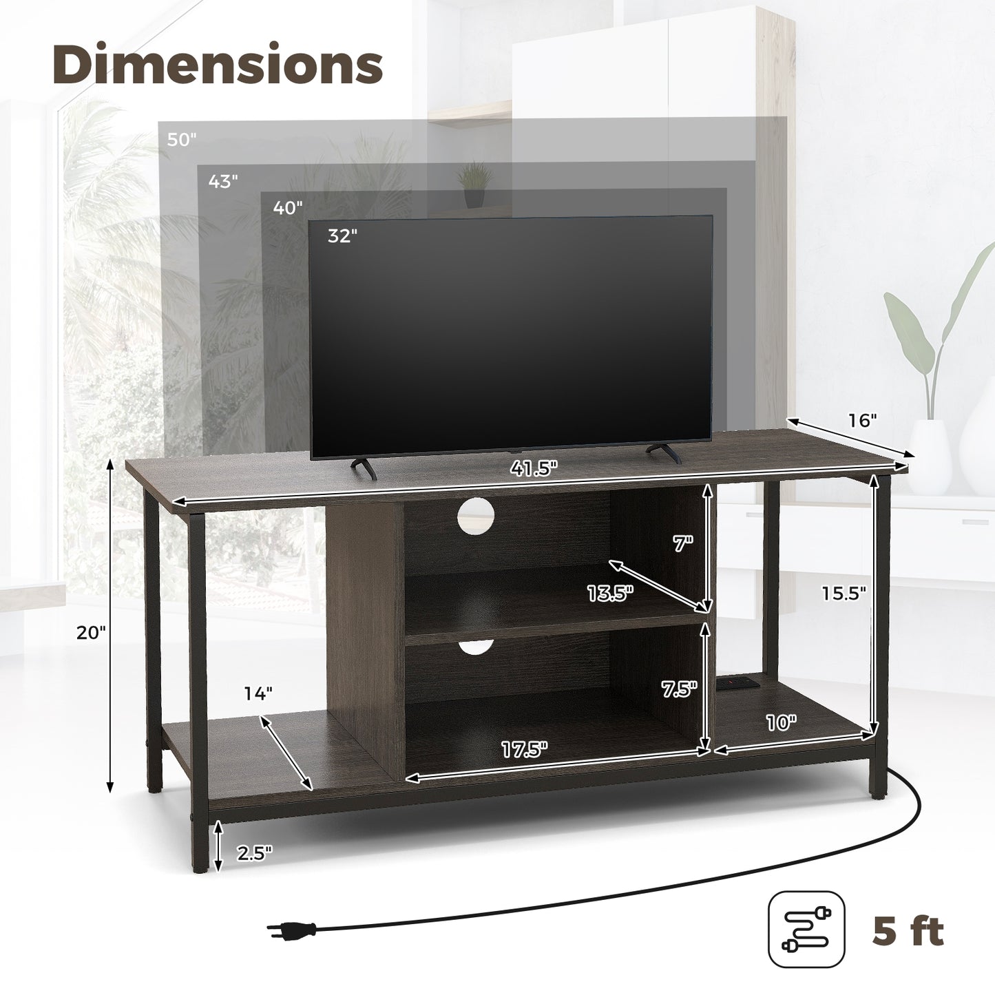 3-Tier TV Stand with Power Outlet USB and Adjustable Shelf, Gray Entertainment Centers & TV Stands   at Gallery Canada