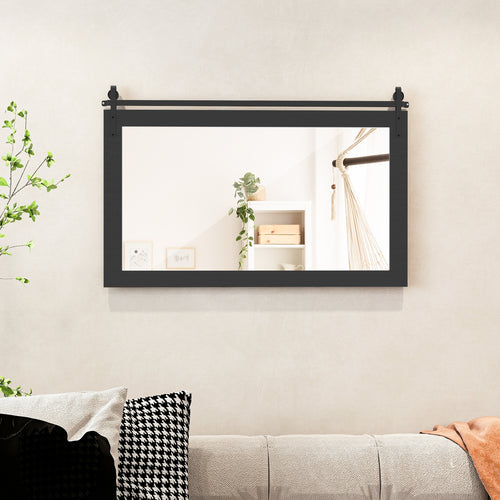 Rectangle Barn Door Style Wall Mounted Mirror with Solid Wood Frame, Black