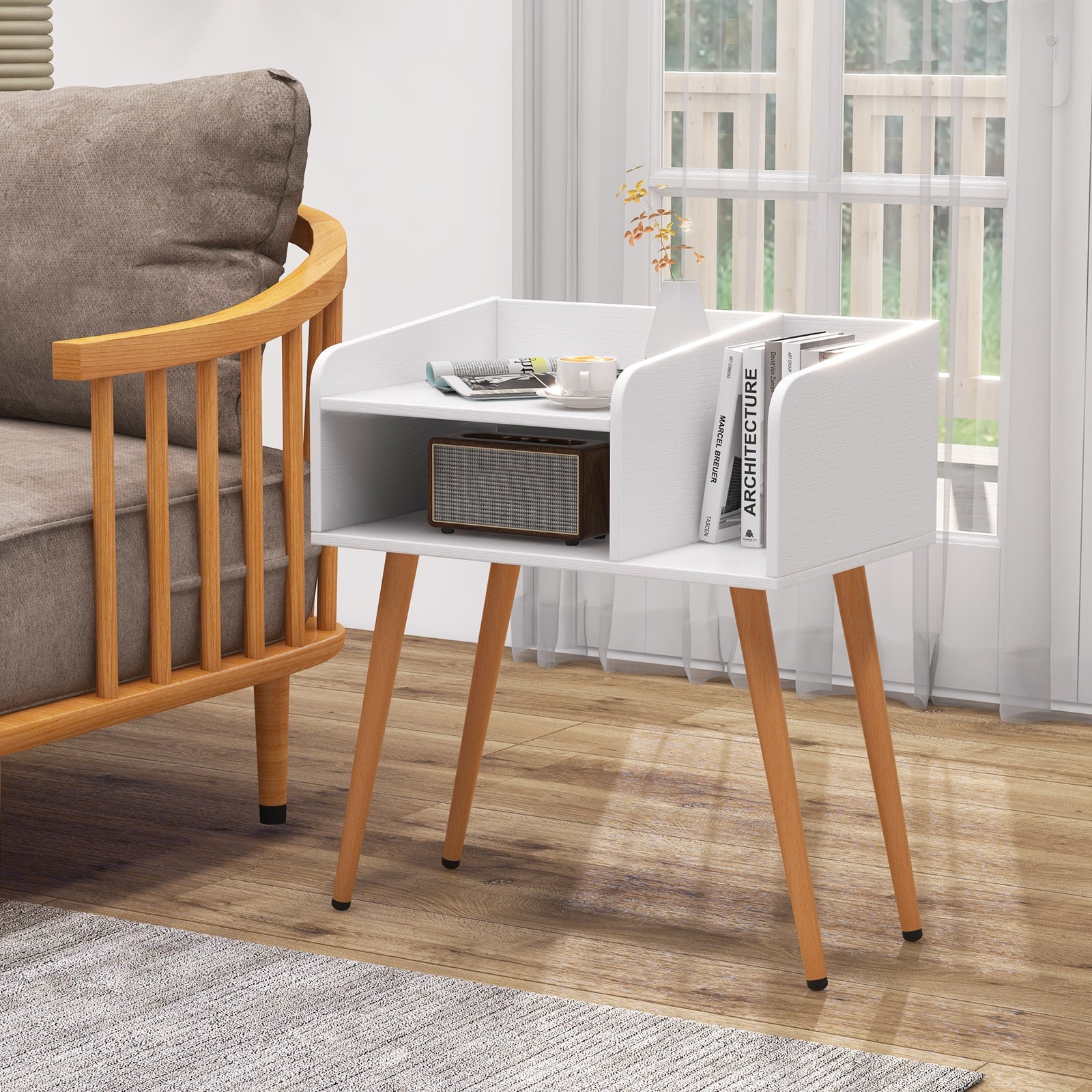 Mid Century Modern Nightstand with Open Shelves, White Nightstands at Gallery Canada