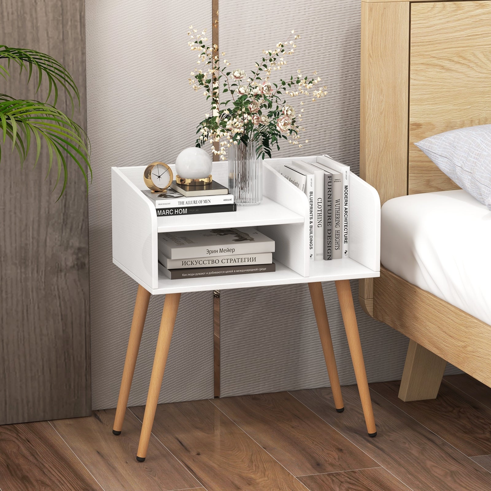 Mid Century Modern Nightstand with Open Shelves, White Nightstands at Gallery Canada