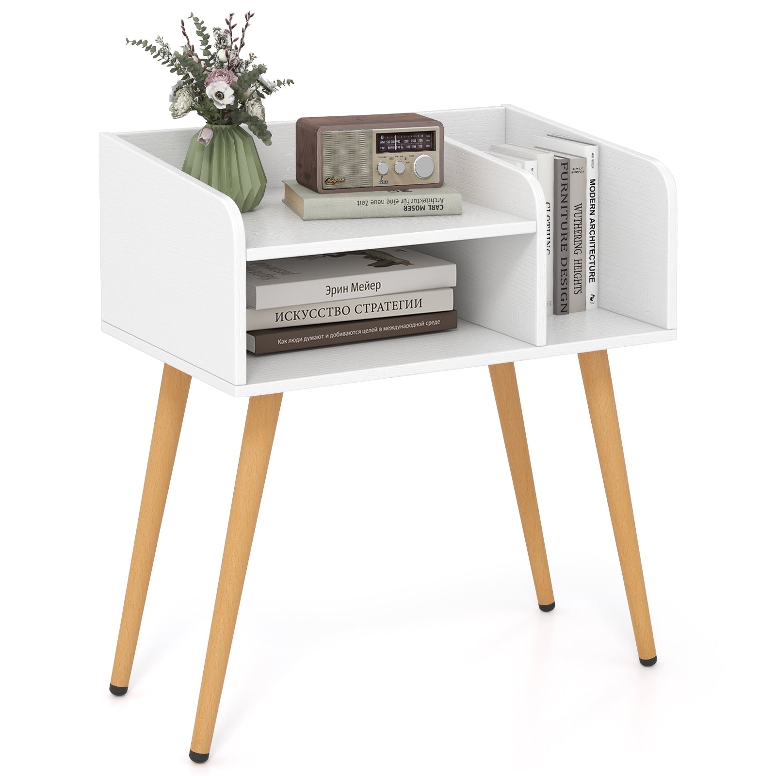 Mid Century Modern Nightstand with Open Shelves, White Nightstands at Gallery Canada