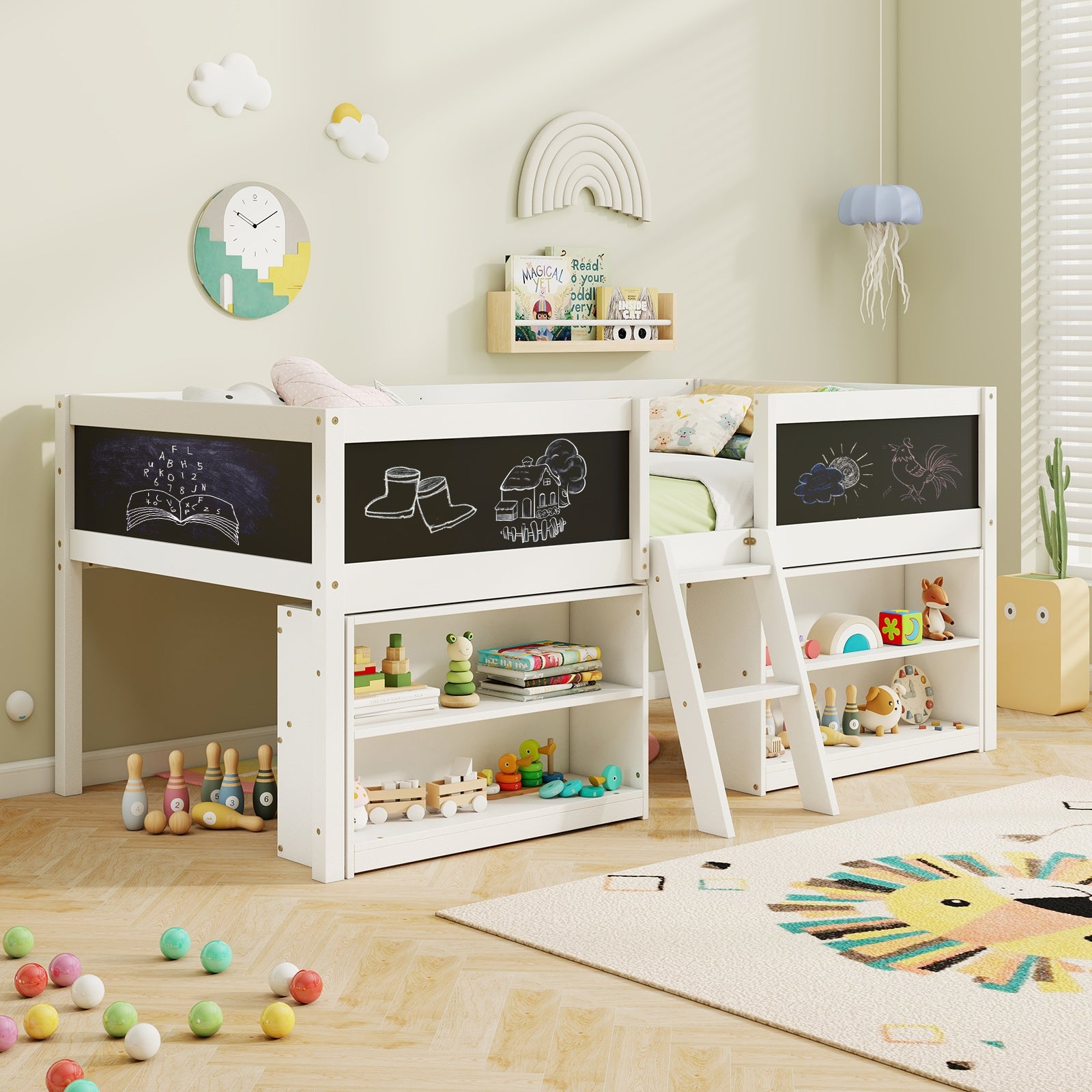 Kid Twin Size Low Loft Bed with Chalkboard Ramp Ladder and Bookcases, White Toddler Beds at Gallery Canada