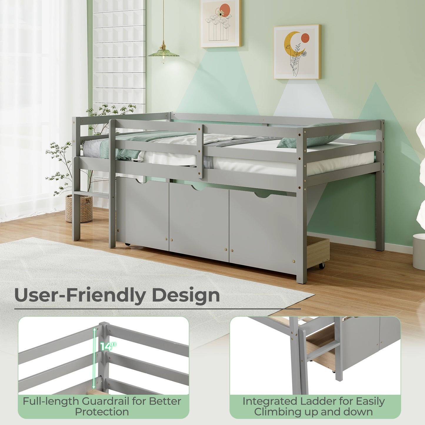 Twin Size Low Loft Bed with 3 Drawers with Ladder and Full-length Guardrails, Gray Trundle Bed Frame   at Gallery Canada