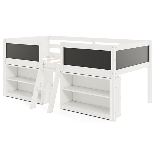 Kid Twin Size Low Loft Bed with Chalkboard Ramp Ladder and Bookcases, White Toddler Beds White at Gallery Canada