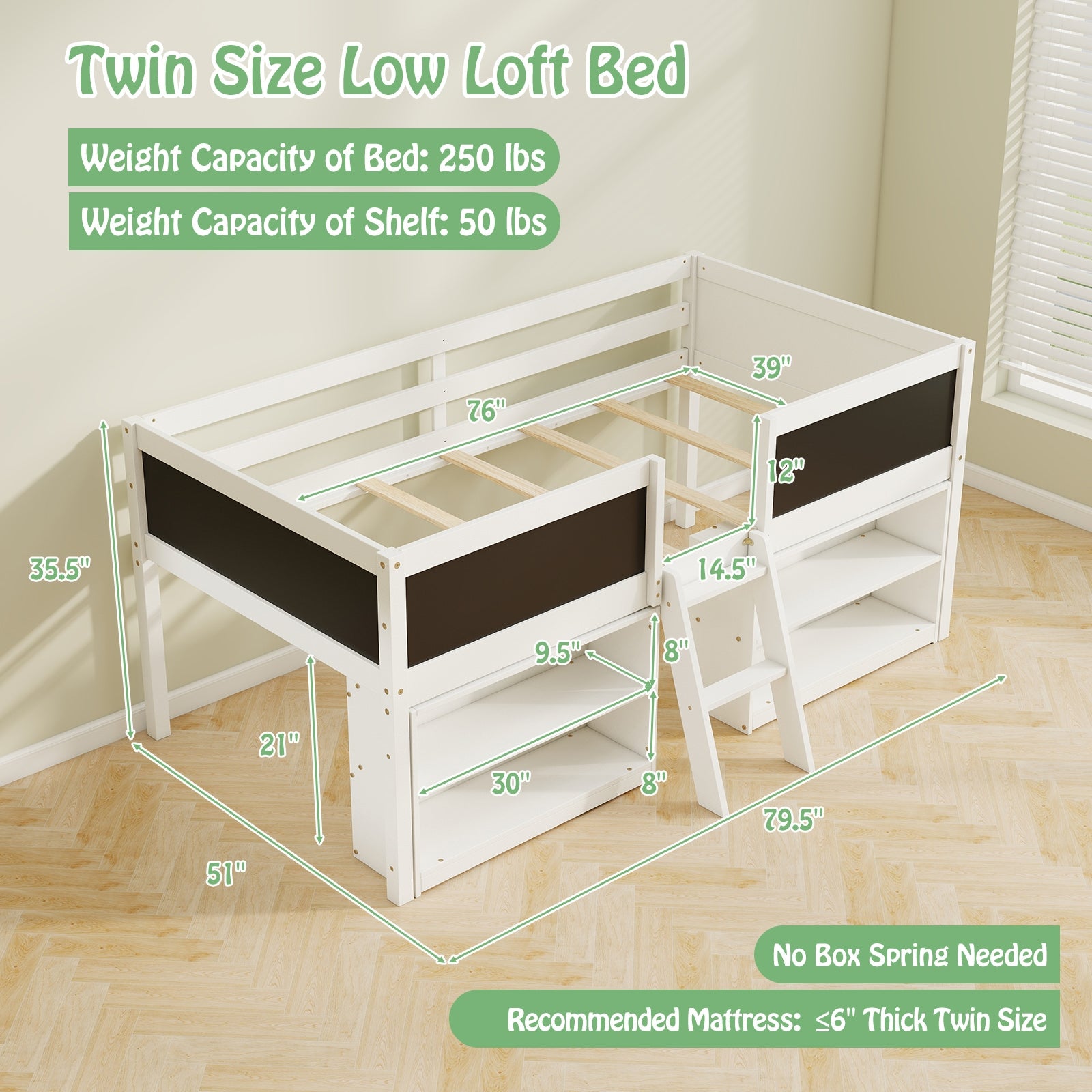 Kid Twin Size Low Loft Bed with Chalkboard Ramp Ladder and Bookcases, White Toddler Beds at Gallery Canada