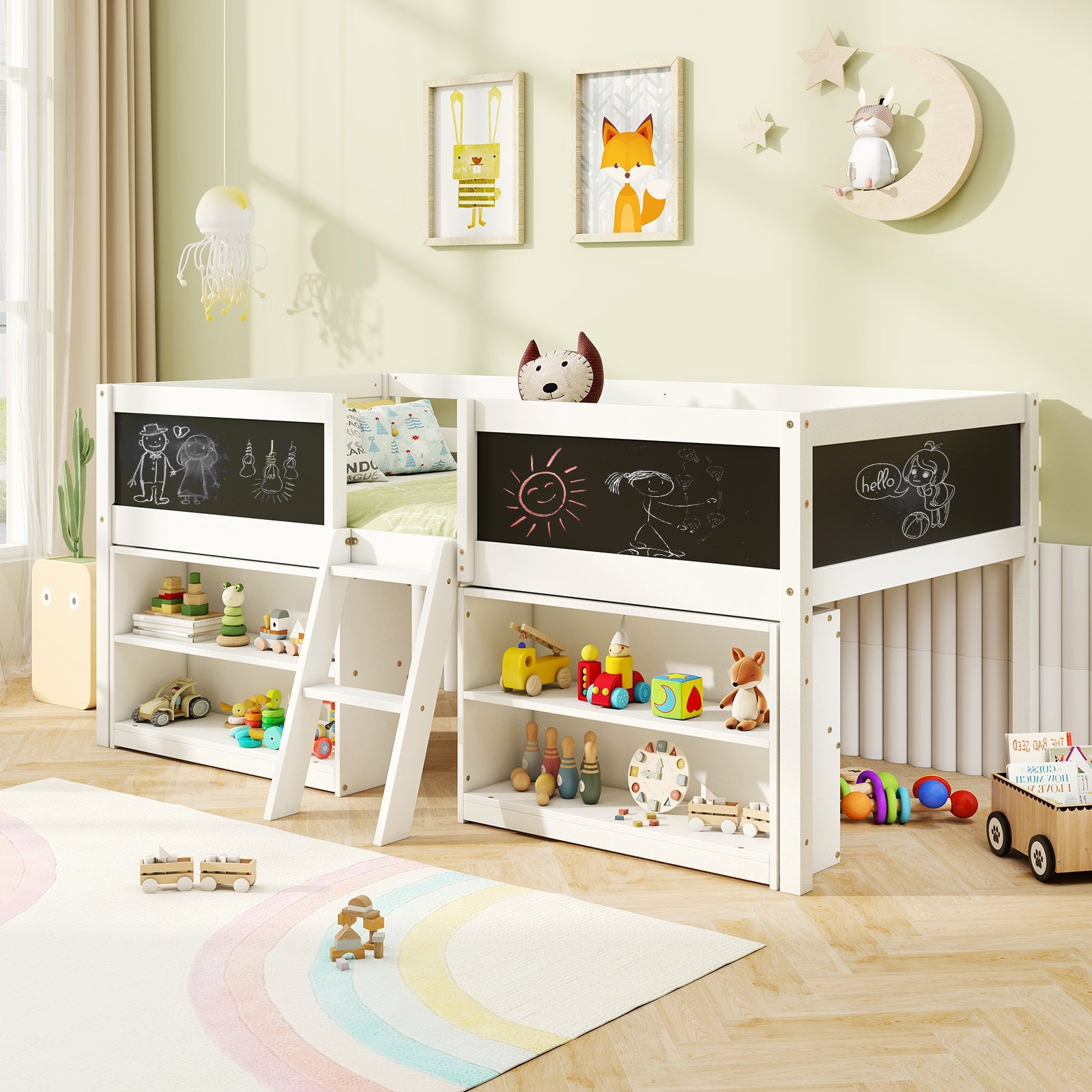 Kid Twin Size Low Loft Bed with Chalkboard Ramp Ladder and Bookcases, White Toddler Beds at Gallery Canada