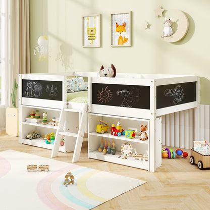 Kid Twin Size Low Loft Bed with Chalkboard Ramp Ladder and Bookcases, White Toddler Beds at Gallery Canada