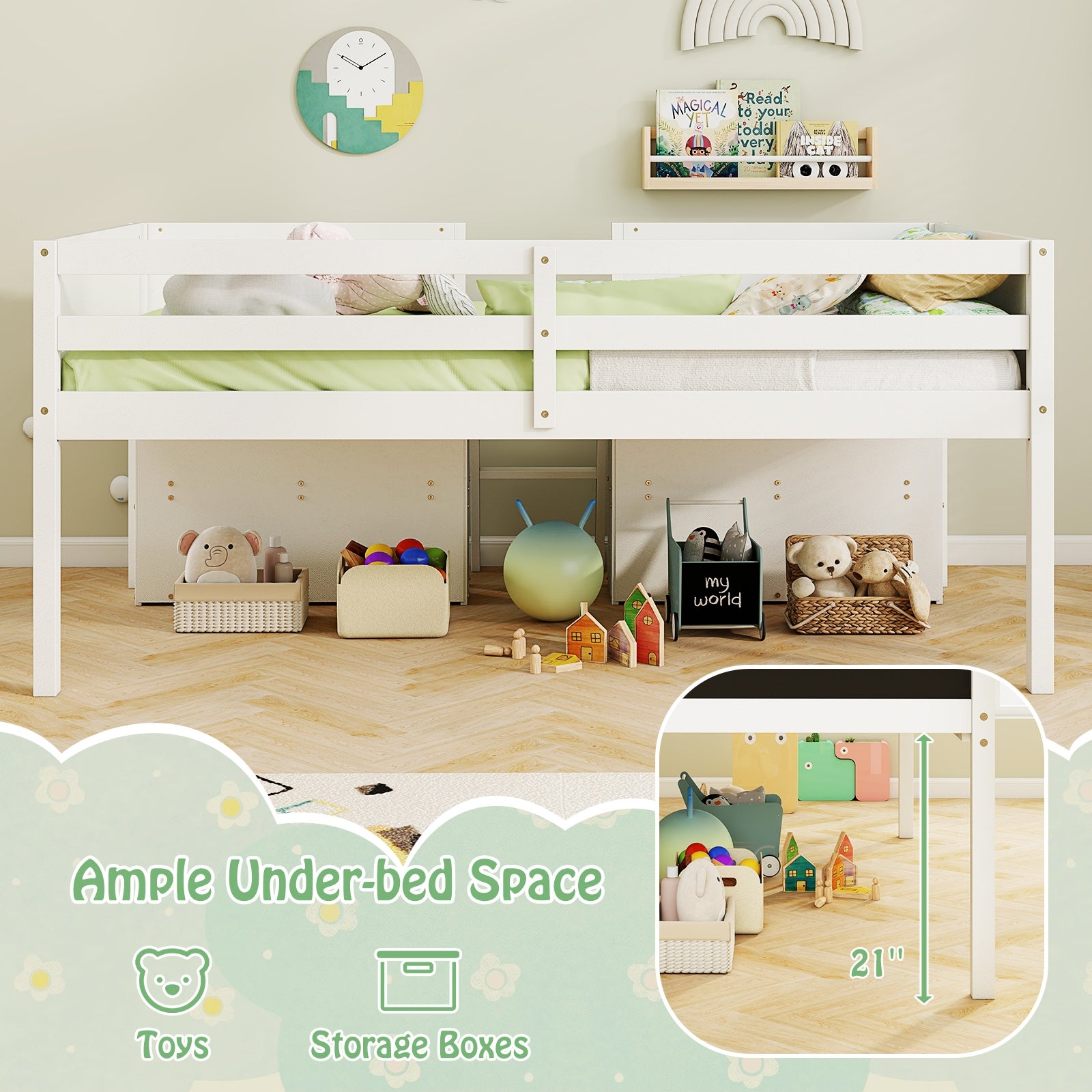 Kid Twin Size Low Loft Bed with Chalkboard Ramp Ladder and Bookcases, White Toddler Beds at Gallery Canada