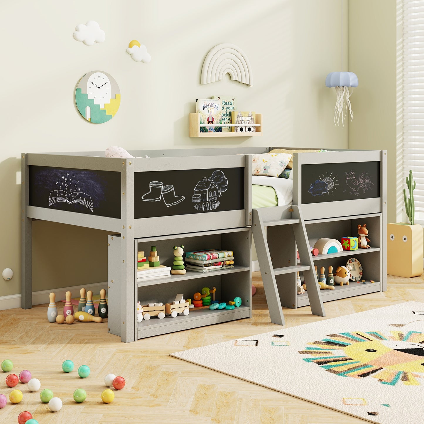 Kid Twin Size Low Loft Bed with Chalkboard Ramp Ladder and Bookcases, Gray Toddler Beds at Gallery Canada