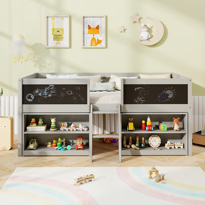 Kid Twin Size Low Loft Bed with Chalkboard Ramp Ladder and Bookcases, Gray Toddler Beds at Gallery Canada