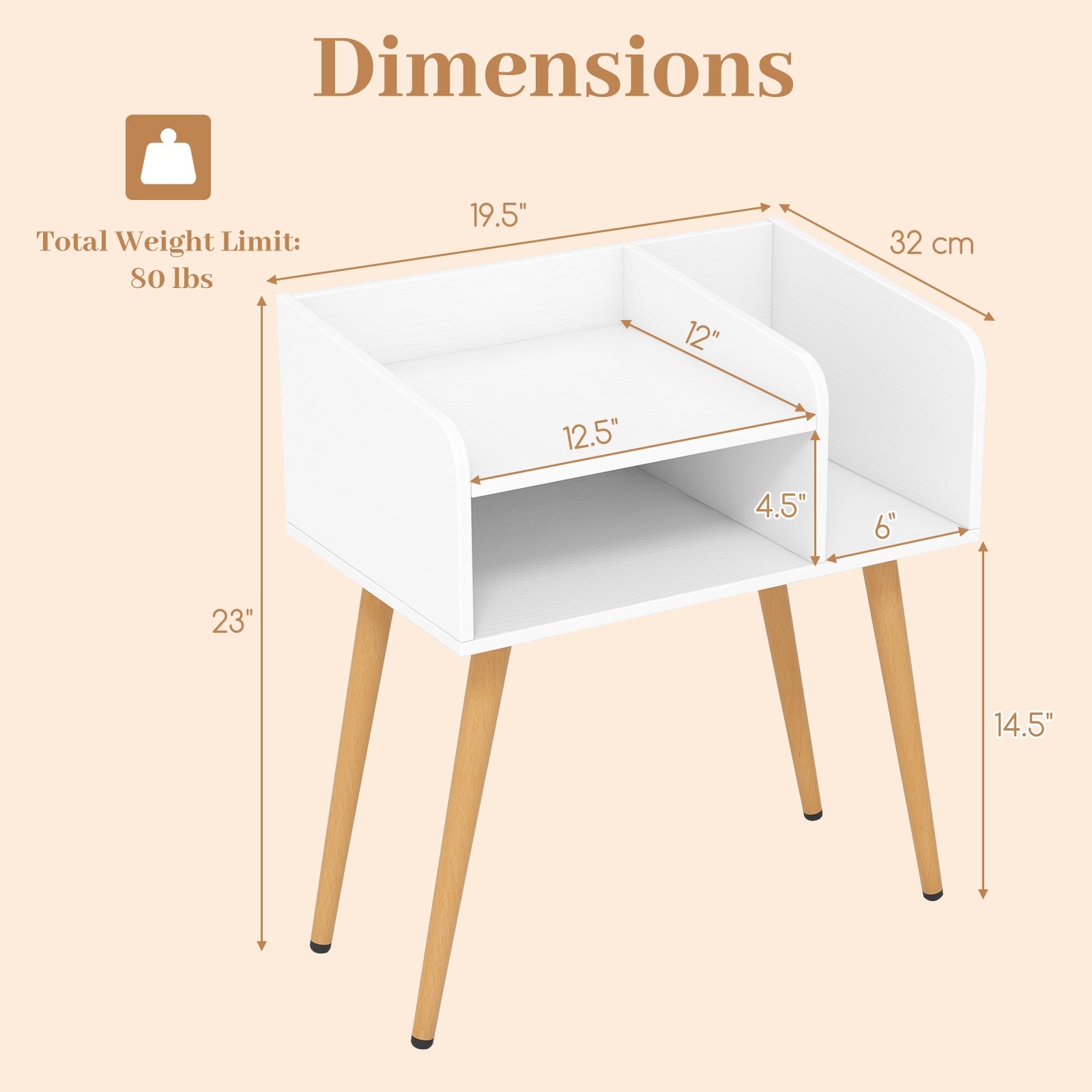 Mid Century Modern Nightstand  with Open Shelves, White Nightstands   at Gallery Canada