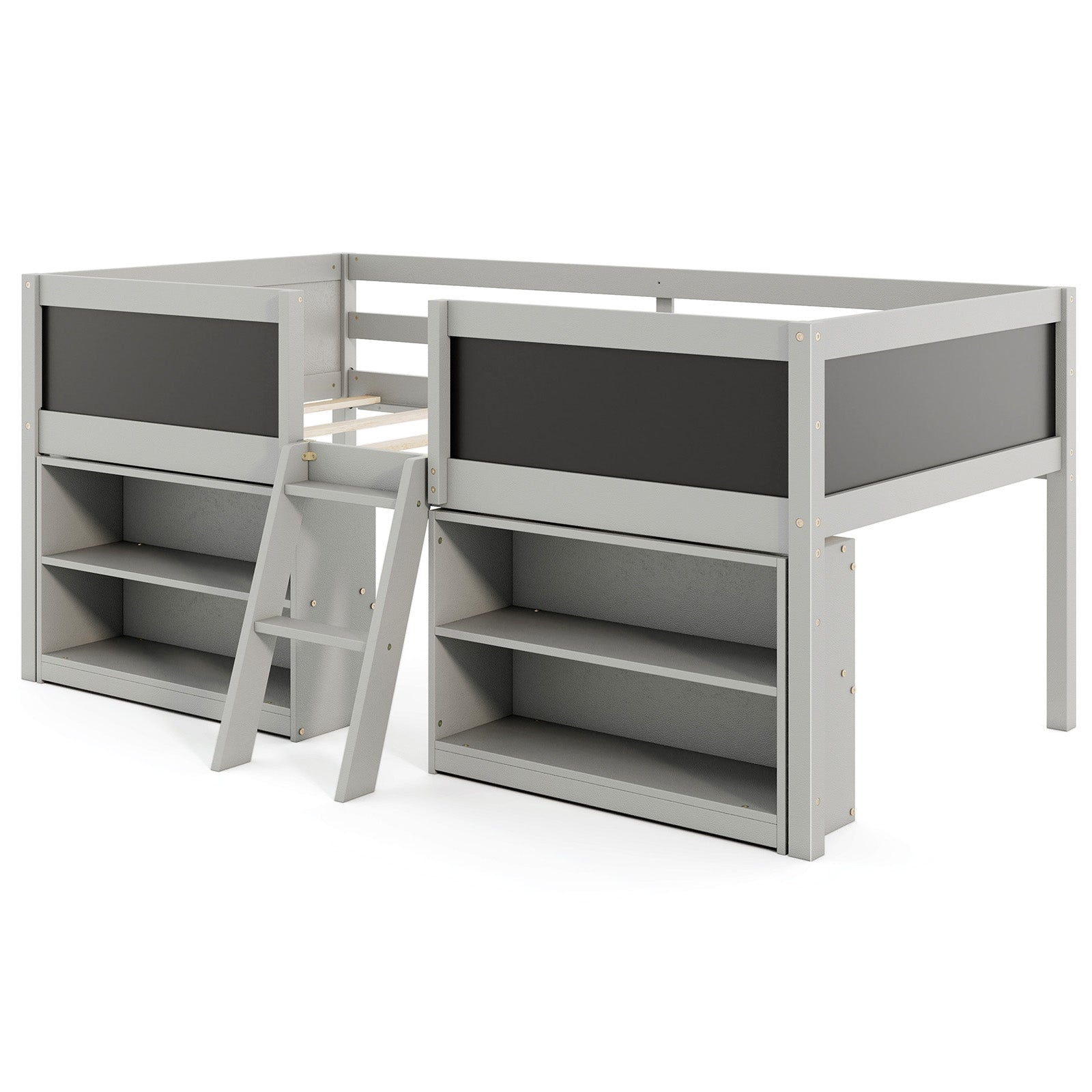 Kid Twin Size Low Loft Bed with Chalkboard Ramp Ladder and Bookcases, Gray Toddler Beds Gray at Gallery Canada