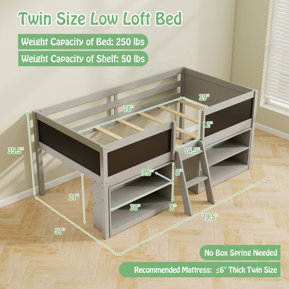 Kid Twin Size Low Loft Bed with Chalkboard Ramp Ladder and Bookcases, Gray Toddler Beds at Gallery Canada