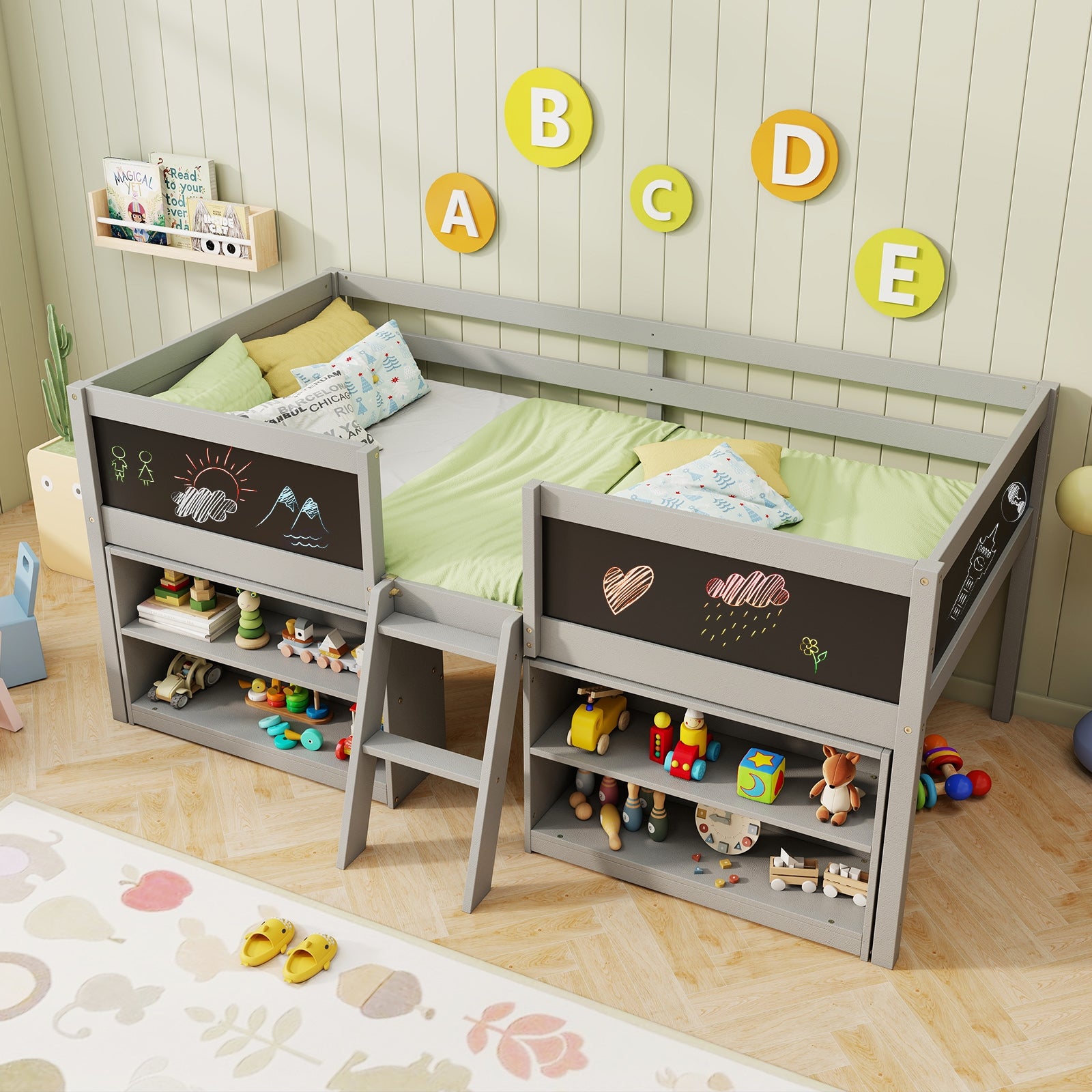 Kid Twin Size Low Loft Bed with Chalkboard Ramp Ladder and Bookcases, Gray Toddler Beds at Gallery Canada