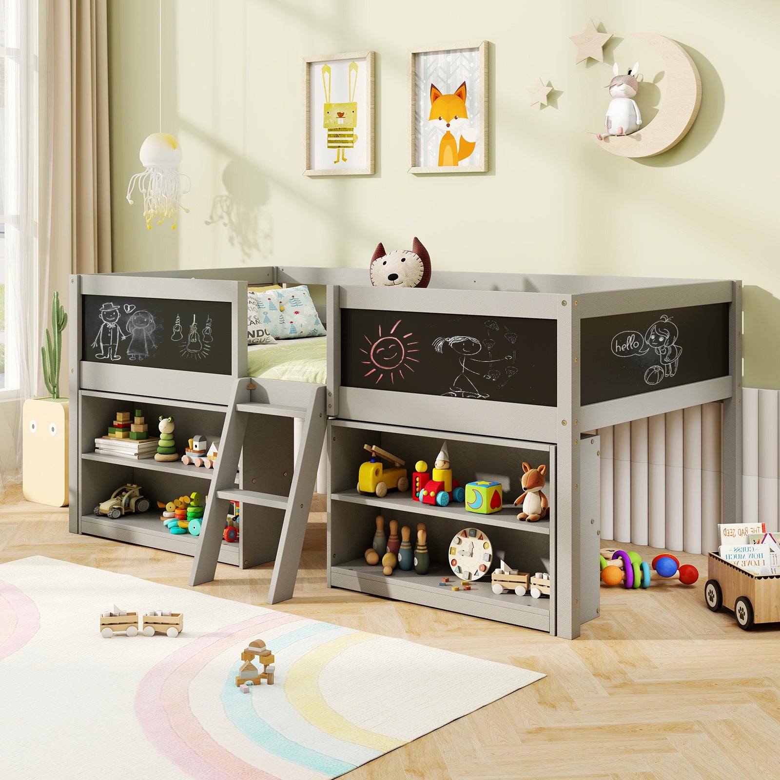 Kid Twin Size Low Loft Bed with Chalkboard Ramp Ladder and Bookcases, Gray Toddler Beds at Gallery Canada