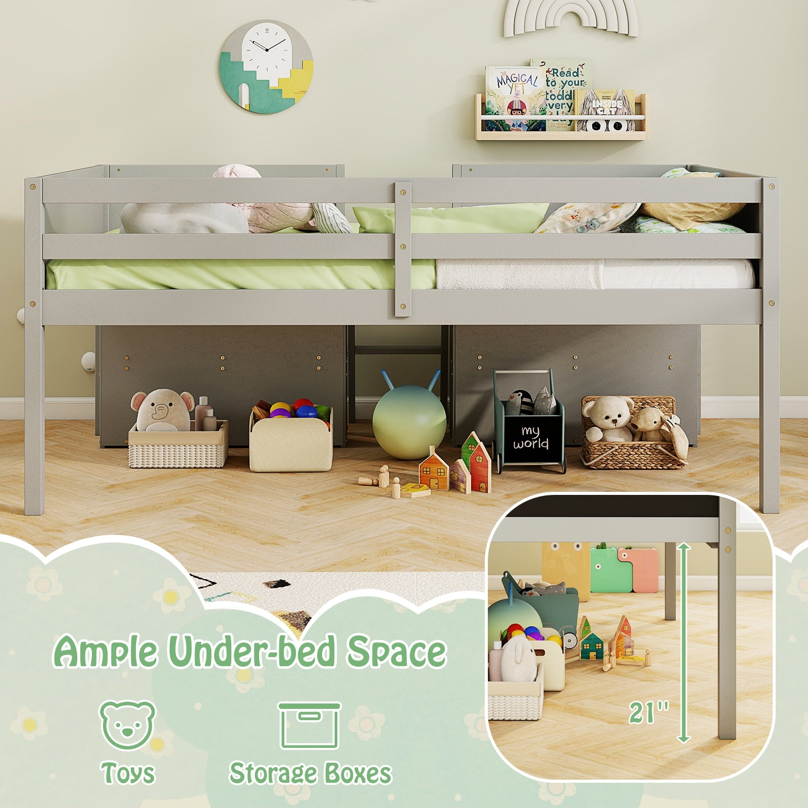 Kid Twin Size Low Loft Bed with Chalkboard Ramp Ladder and Bookcases, Gray Toddler Beds at Gallery Canada