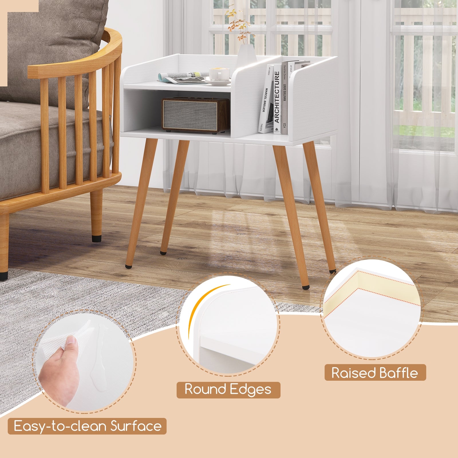 Mid Century Modern Nightstand with Open Shelves, White Nightstands at Gallery Canada