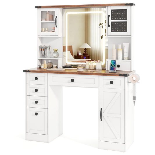 Farmhouse Vanity Desk with Lighted Mirror and 3 Doors, White Makeup Vanities White at Gallery Canada