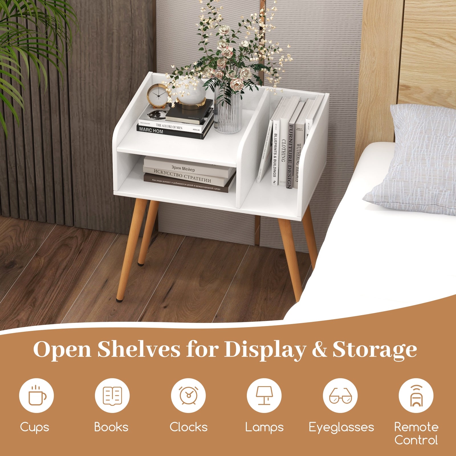 Mid Century Modern Nightstand with Open Shelves, White Nightstands at Gallery Canada