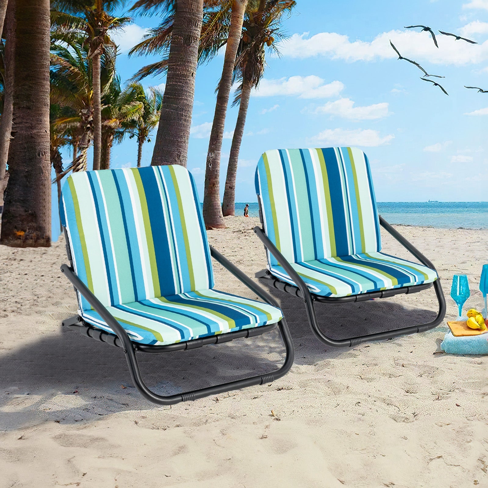 2 Pack Low Folding Beach Chairs for Adults with Cushion, Blue Beach & Lawn Chairs   at Gallery Canada