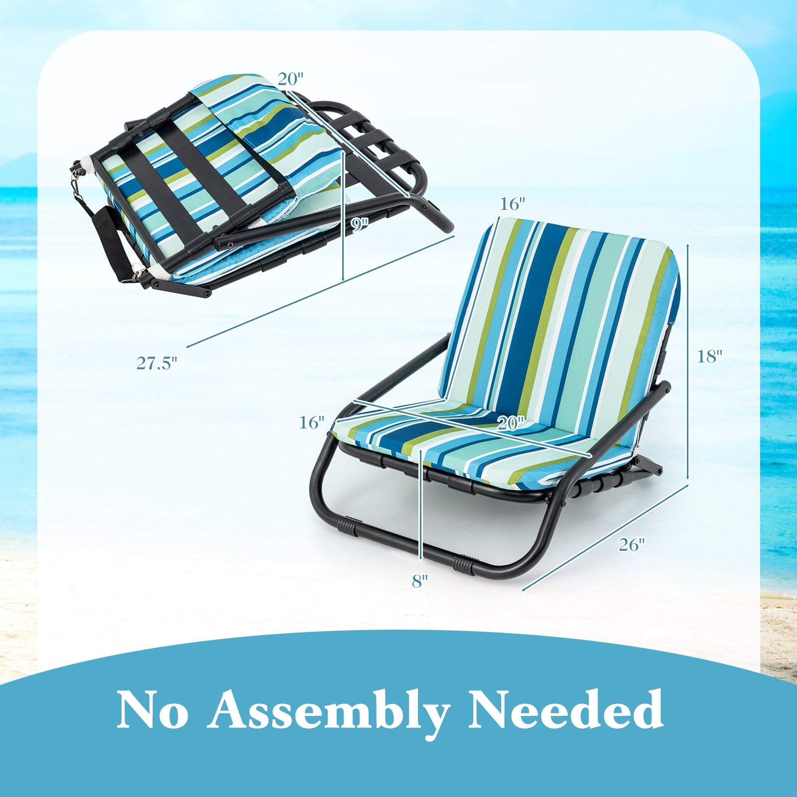 2 Pack Low Folding Beach Chairs for Adults with Cushion, Blue Beach & Lawn Chairs   at Gallery Canada