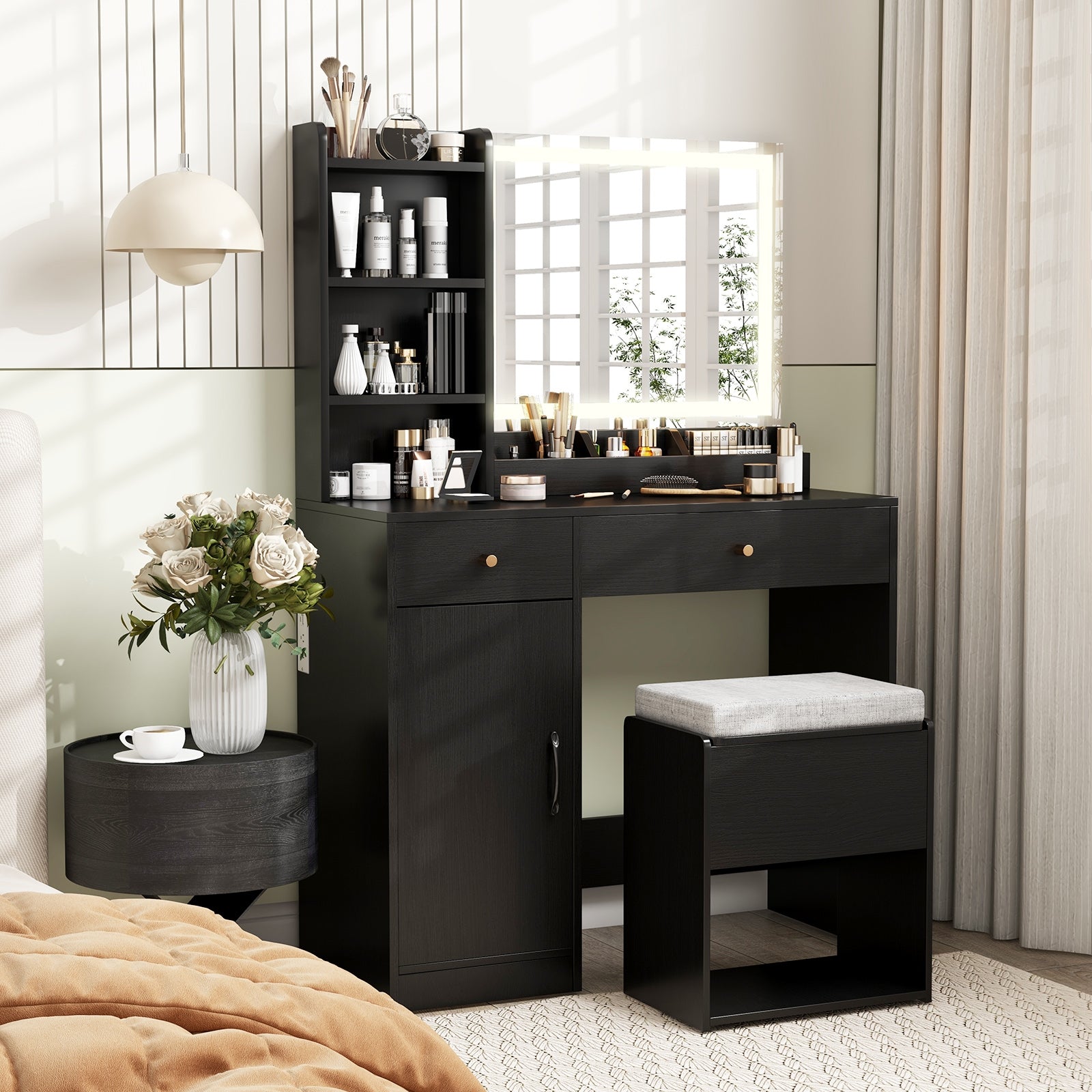 Vanity Dressing Table and Chair Set with Mirror and Lights, Black Makeup Vanities at Gallery Canada