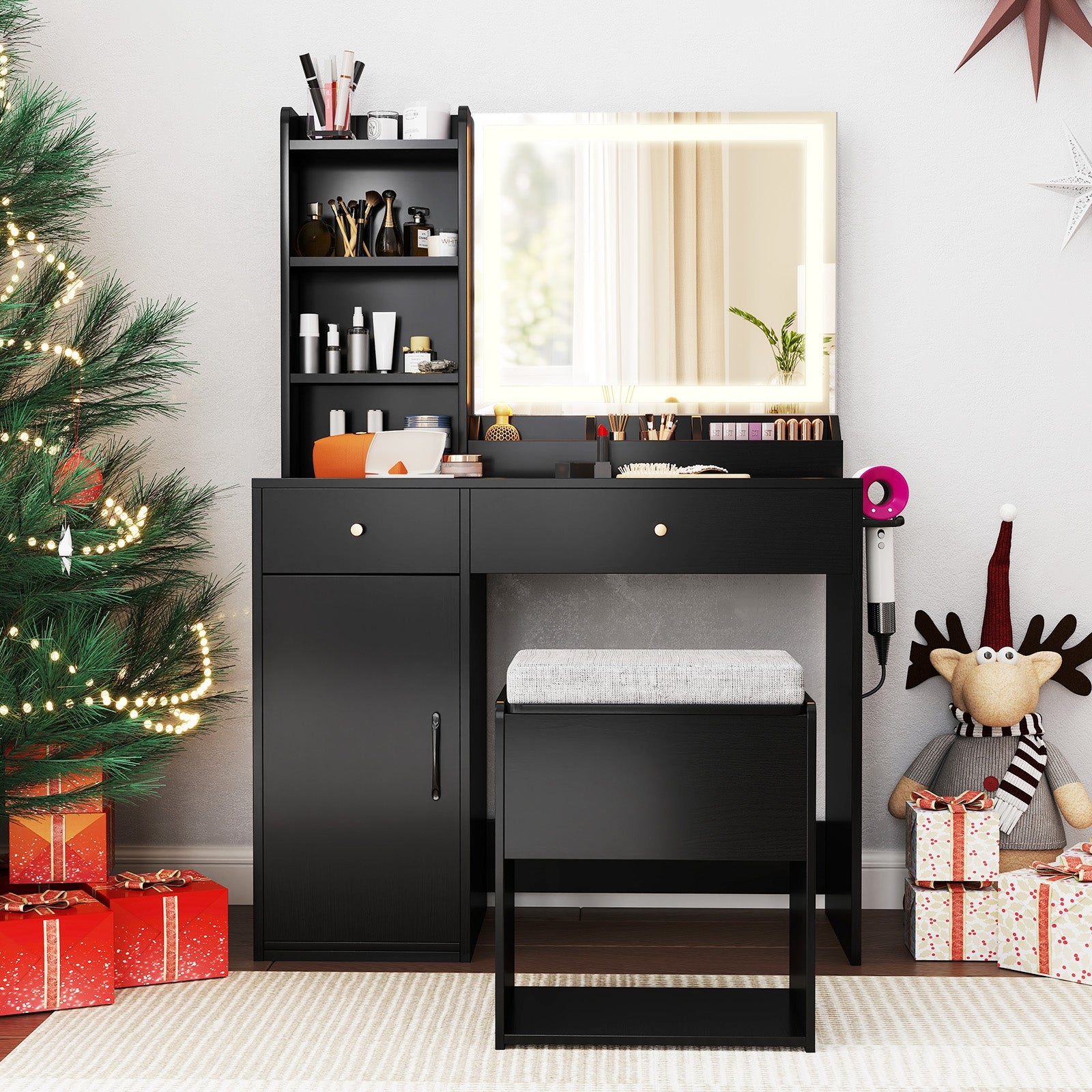 Vanity Dressing Table and Chair Set with Mirror and Lights, Black Makeup Vanities at Gallery Canada