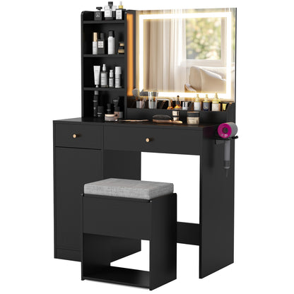 Vanity Dressing Table and Chair Set with Mirror and Lights, Black Makeup Vanities Black at Gallery Canada