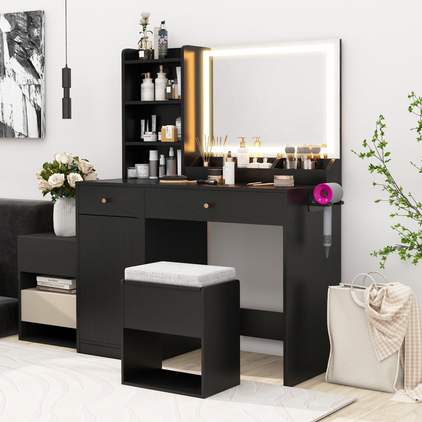 Vanity Dressing Table and Chair Set with Mirror and Lights, Black Makeup Vanities at Gallery Canada