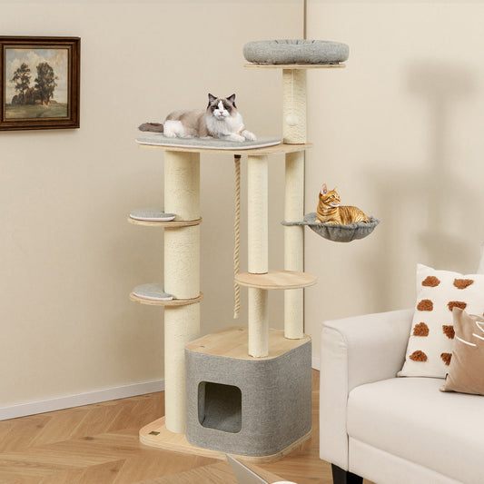 63 Inch Tall Cat Tree Modern Wooden Cat Tower with Perch Condo Hammock, Gray Cat Trees Condos & Scratchers Gray at Gallery Canada