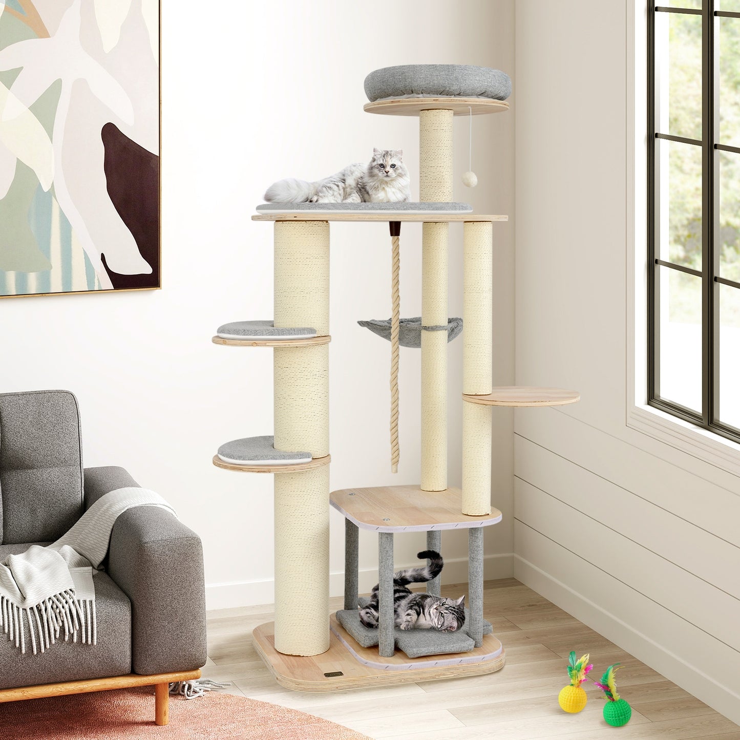 63 Inch Tall Cat Tree Modern Wooden Cat Tower with Perch Condo Hammock, Gray Cat Trees Condos & Scratchers at Gallery Canada