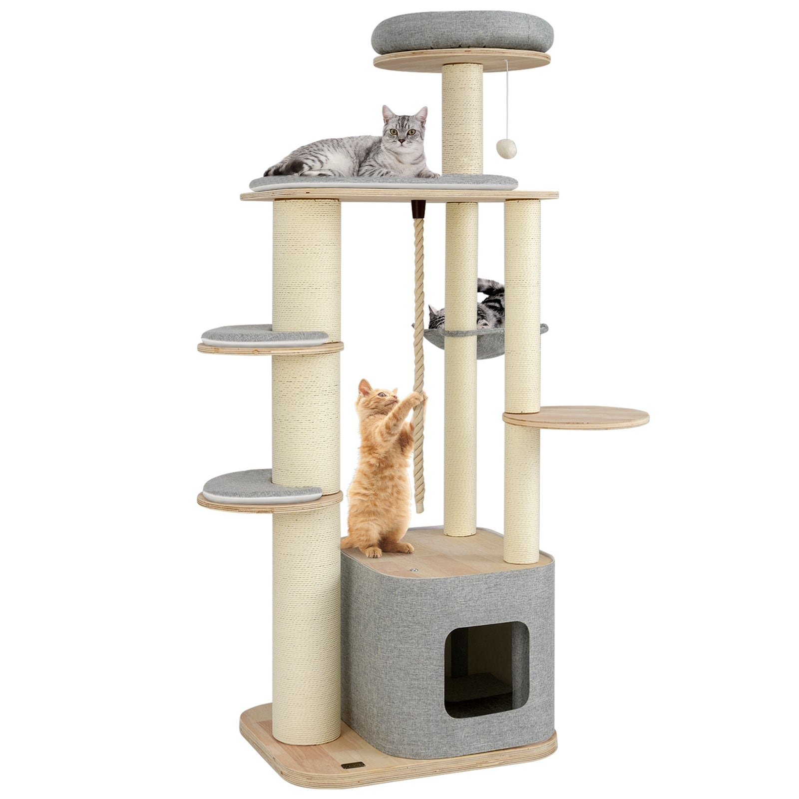 63 Inch Tall Cat Tree Modern Wooden Cat Tower with Perch Condo Hammock, Gray Cat Trees Condos & Scratchers Gray at Gallery Canada