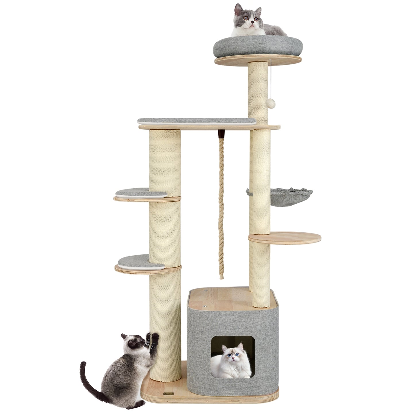 63 Inch Tall Cat Tree Modern Wooden Cat Tower with Perch Condo Hammock, Gray Cat Trees Condos & Scratchers at Gallery Canada