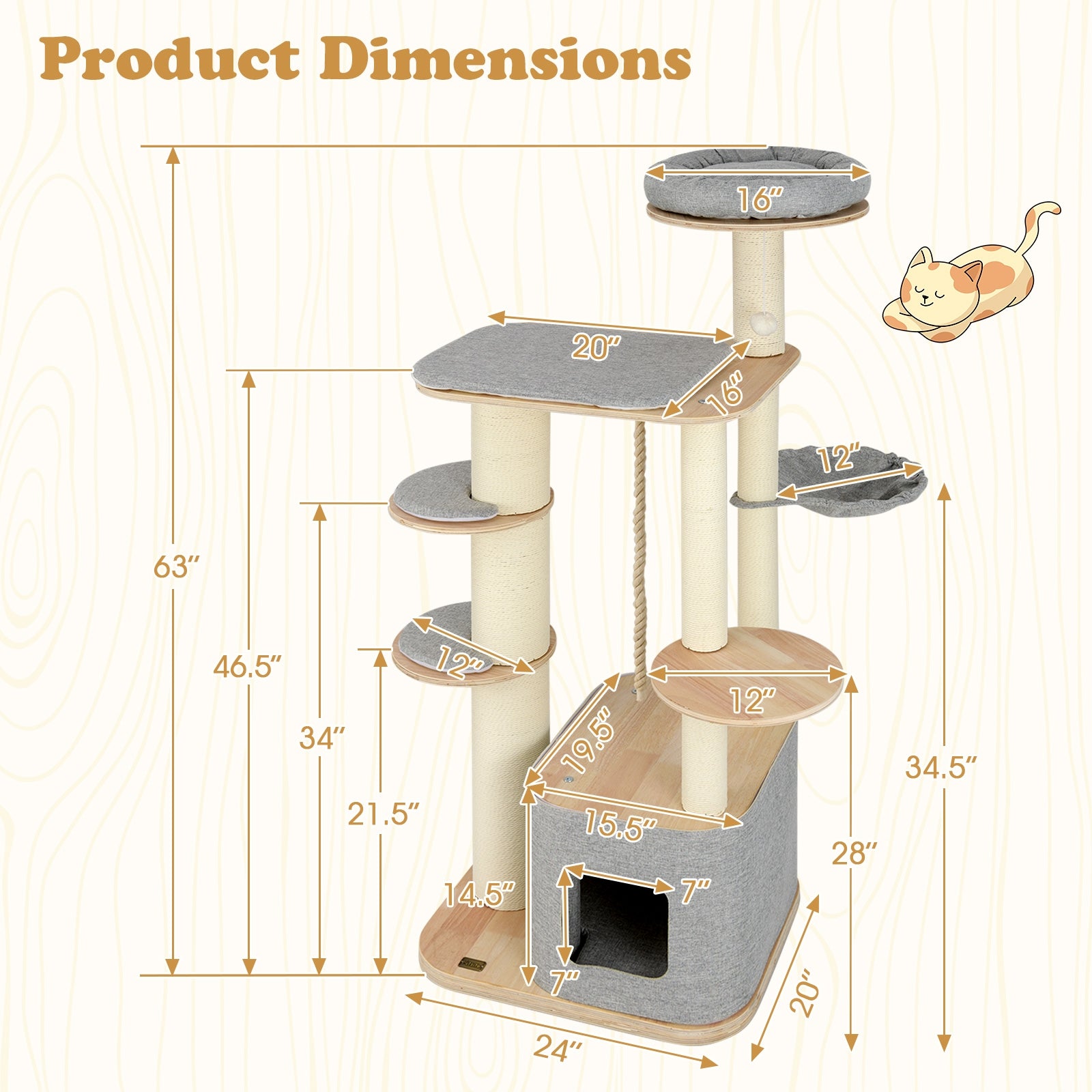 63 Inch Tall Cat Tree Modern Wooden Cat Tower with Perch Condo Hammock, Gray Cat Trees Condos & Scratchers at Gallery Canada