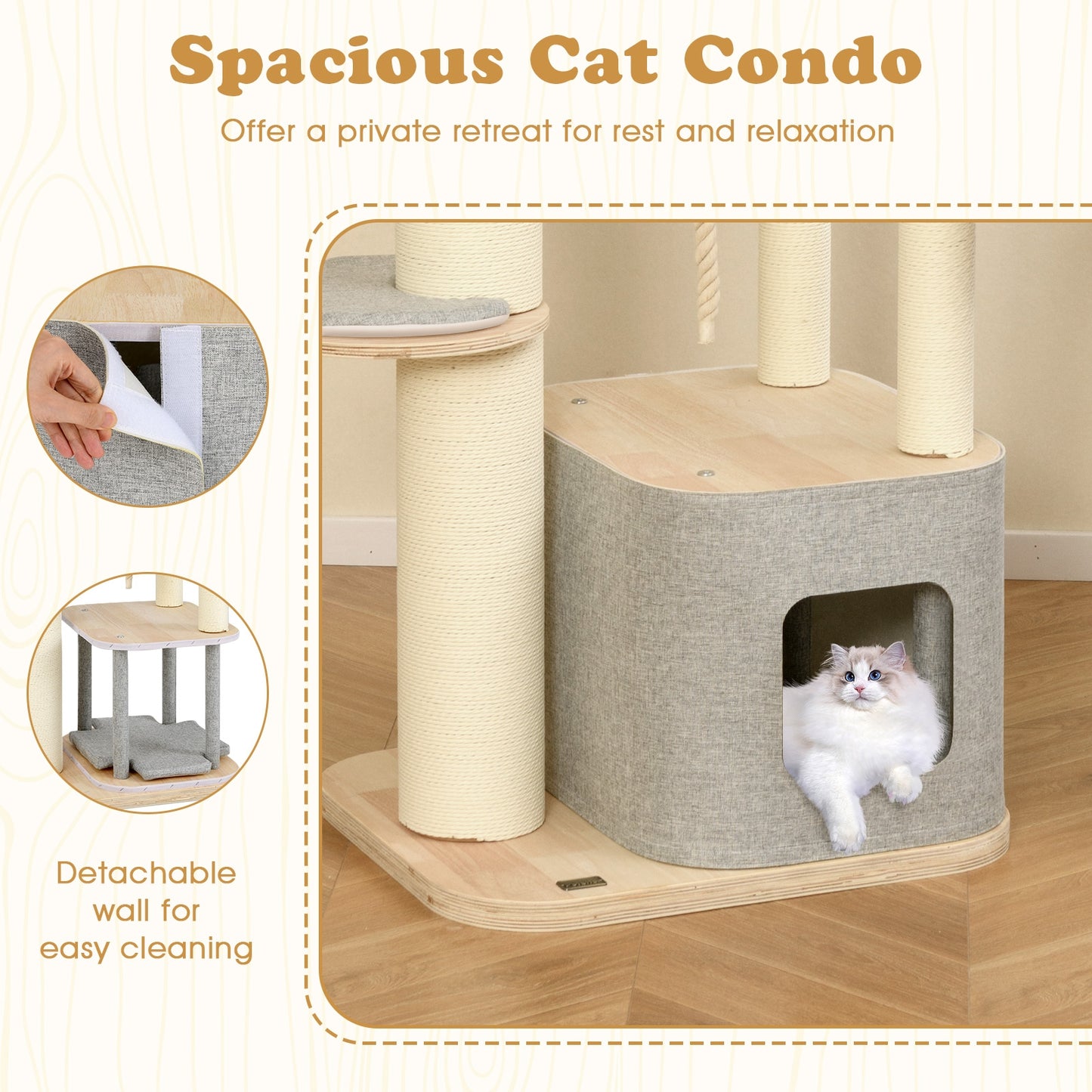 63 Inch Tall Cat Tree Modern Wooden Cat Tower with Perch Condo Hammock, Gray Cat Trees Condos & Scratchers at Gallery Canada