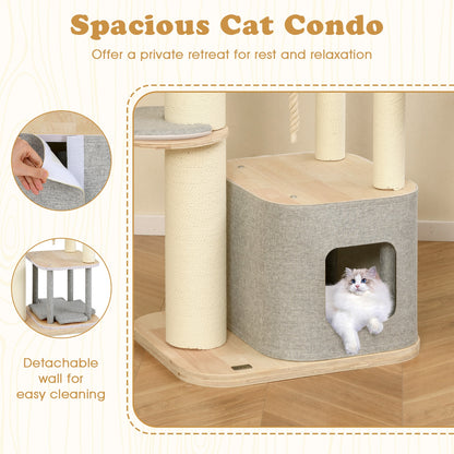 63 Inch Tall Cat Tree Modern Wooden Cat Tower with Perch Condo Hammock, Gray Cat Trees Condos & Scratchers at Gallery Canada