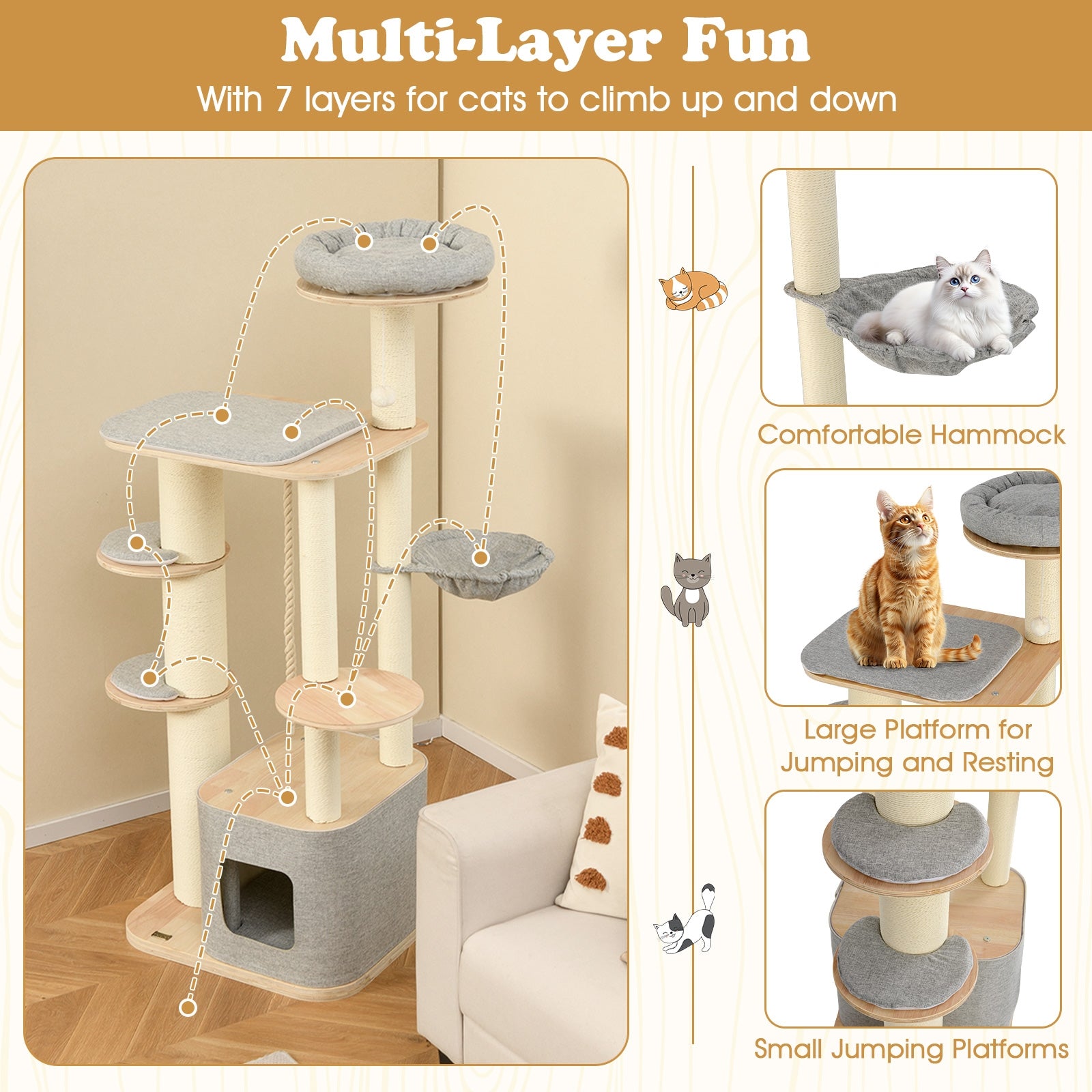 63 Inch Tall Cat Tree Modern Wooden Cat Tower with Perch Condo Hammock, Gray Cat Trees Condos & Scratchers at Gallery Canada