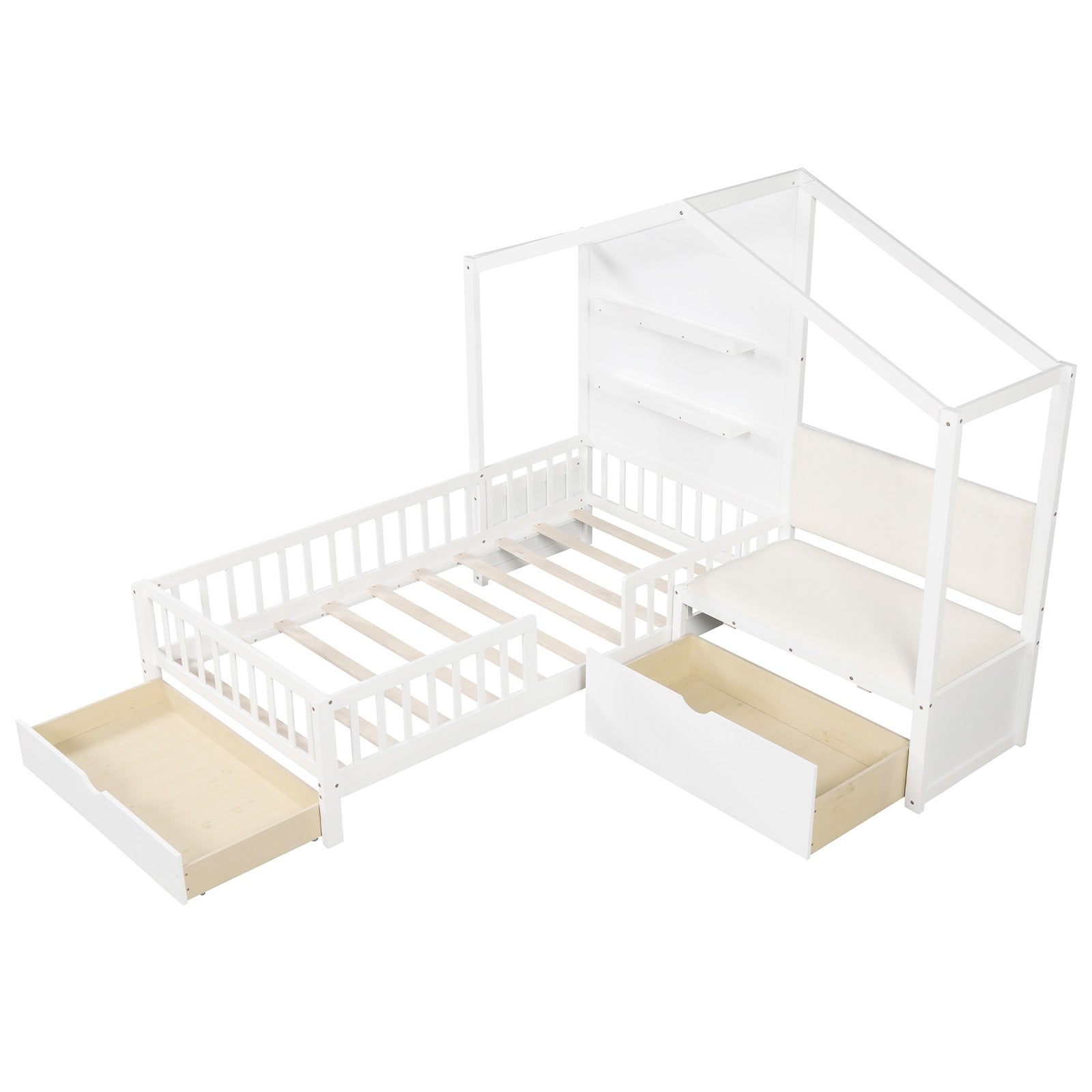 Twin Size House Bed Kids Platform Bed with Padded Bench, White Toddler Beds White at Gallery Canada